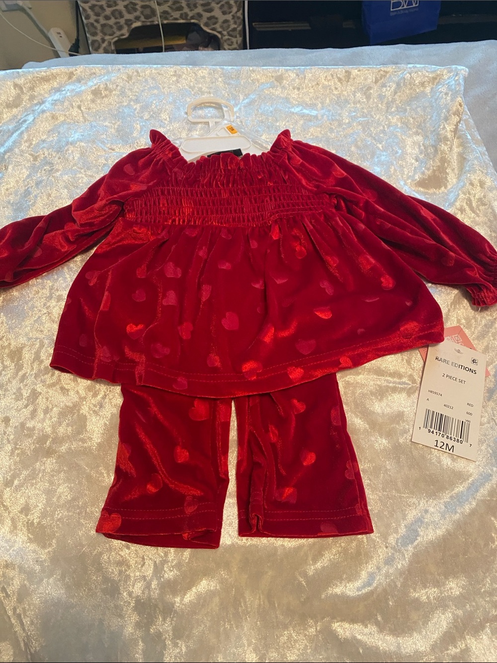 Rare Editions Red Velvet Heart Smocked Two-Piece Set